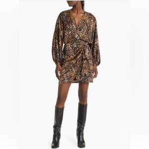 Floret Studios Satin Brown and Black Long Sleeve Wrap Dress with Tie Front